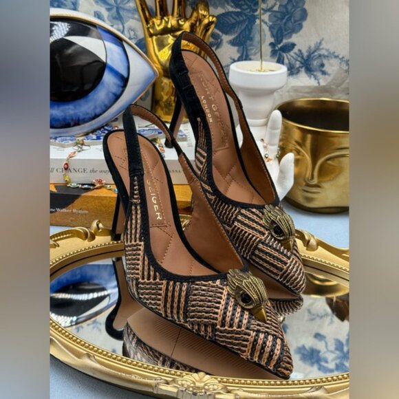 🆕 KURT GEIGER LONDON 🧿 NWOB Belgravia Slingback Heel, Black & Tan Raffia, Sz 6 - Picture 5 of 15